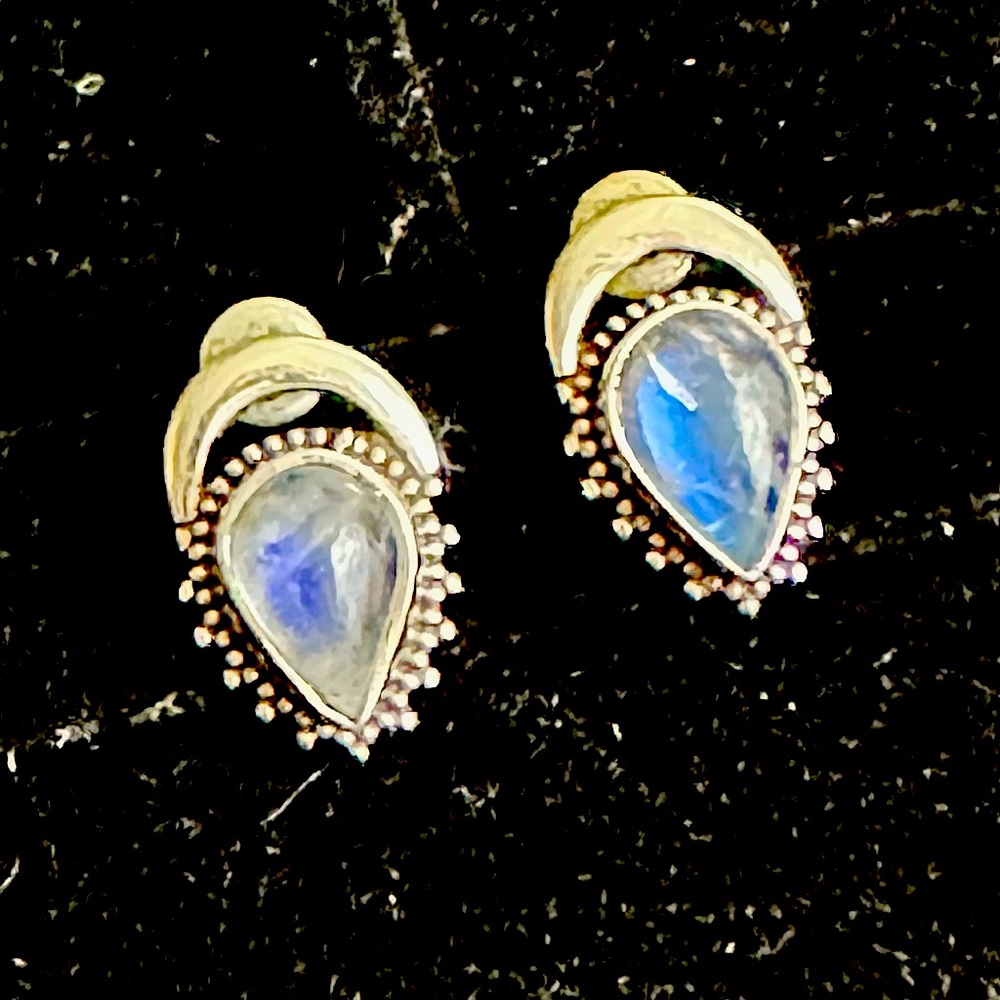 Moonstone (Blue Flash) Earrings Sterling Silver .925 Boho Wiccan Post Earrings